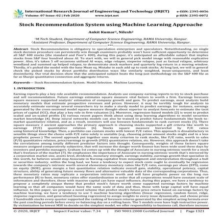 IRJET - Stock Recommendation System using Machine Learning Approache