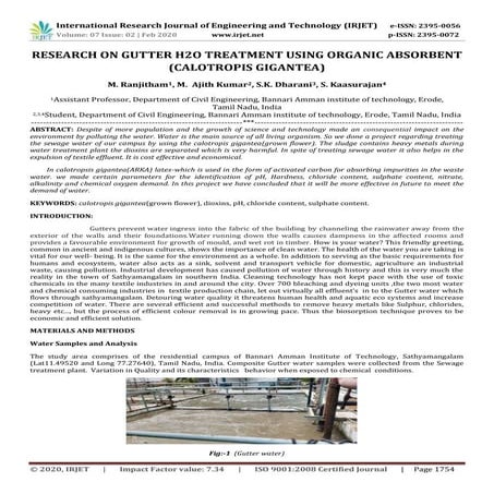 IRJET - Research on Gutter H2O Treatment using Organic Absorbent (Calotropis ...