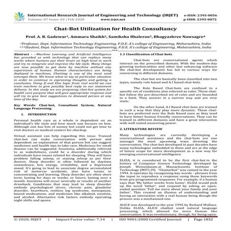 IRJET - 	  Chat-Bot Utilization for Health Consultancy