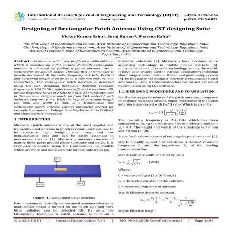 IRJET -  	  Designing of Rectangular Patch Antenna Using CST designing Suite