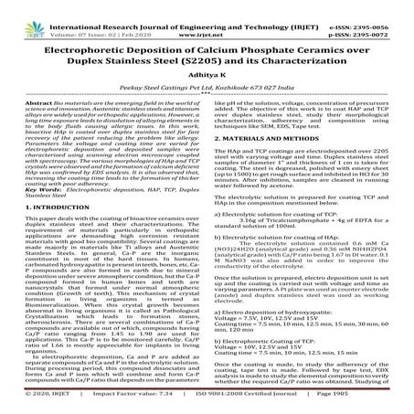 IRJET -  	  Electrophoretic Deposition of Calcium phosphate Ceramics over Dup...