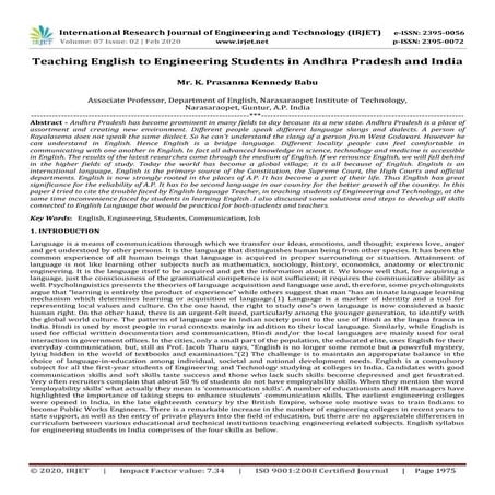 IRJET-  	  Teaching English to Engineering Students in Andhra Pradesh and India 