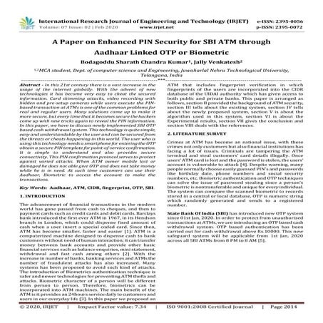 IRJET - A Paper on Enhanced PIN Security for SBI ATM through Aadhaar Linked O...