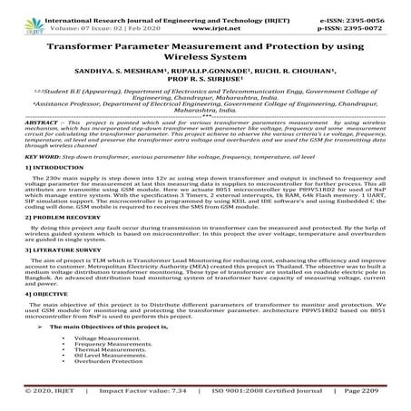 IRJET - Transformer Parameter Measurement and Protection by using Wireless Sy...