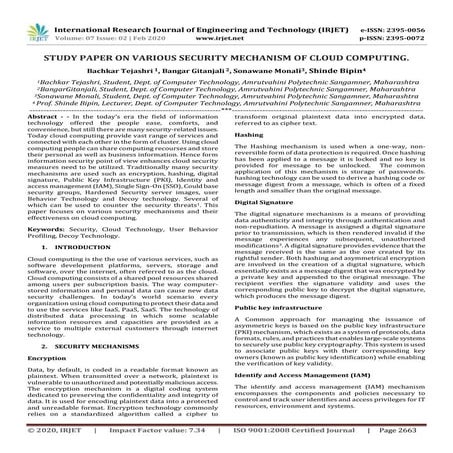 IRJET - Study Paper on Various Security Mechanism of Cloud Computing