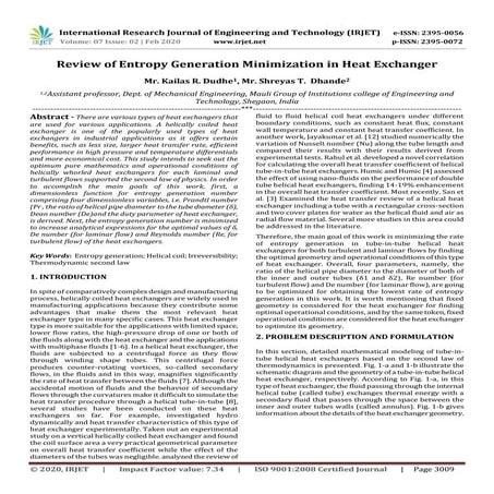IRJET - Review of Entropy Generation Minimization in Heat Exchanger
