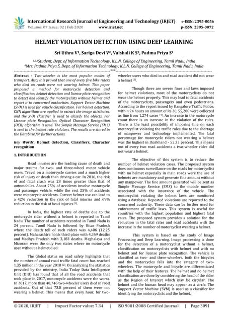 IRJET -  	  Helmet Violation Detection using Deep Learning
