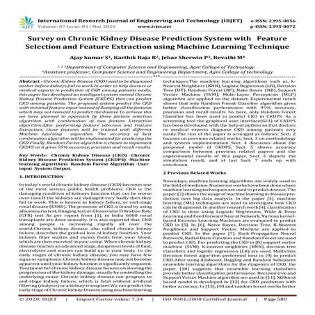 IRJET - Survey on Chronic Kidney Disease Prediction System with Feature Selec...