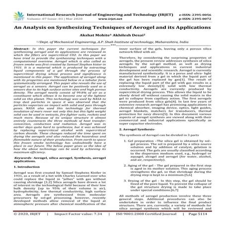IRJET -  	  An Analysis on Synthesizing Techniques of Aerogel and its Applica...
