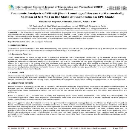 IRJET- Economic Analysis of NH-48 (Four Lanning of Hassan to Maranahally Sect...