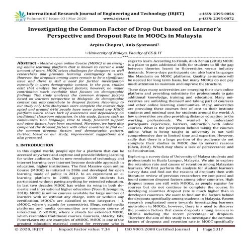 IRJET - Investigating the Common Factor of Drop Out based on Learner’s Perspe...