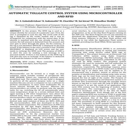 IRJET - Automatic Tollgate Control System using Microcontroller and RFID