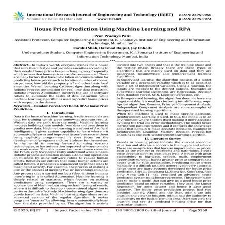 IRJET - House Price Prediction using Machine Learning and RPA | PDF