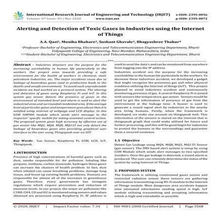  IRJET -  	  Alerting and Detection of Toxic Gases in Industries using the In...