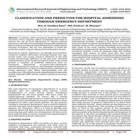 IRJET - Classification and Prediction for Hospital Admissions through Emergen...