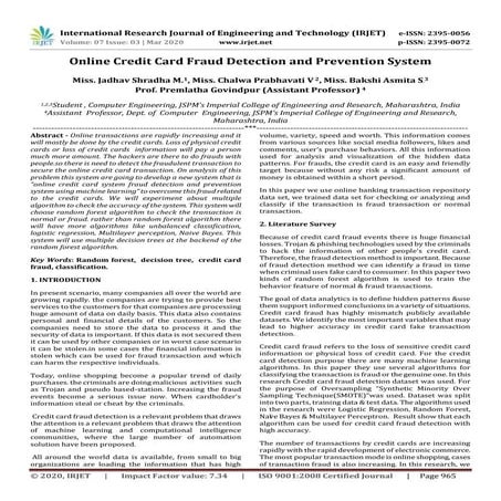 IRJET - Online Credit Card Fraud Detection and Prevention System