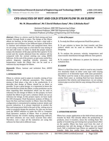 IRJET - 	  CFD Analysis of Hot and Cold Steam Flow in an Elbow