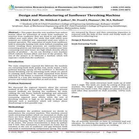IRJET - Design and Manufacturing of Sunflower Threshing Machine | PDF