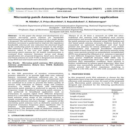 IRJET - Microstrip Patch Antenna for Low Power Transceiver Application