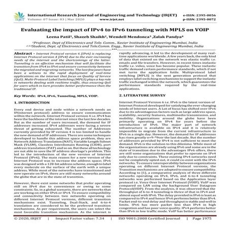 IRJET-  	  Evaluating the Impact of IPv4 to IPv6 Tunneling with MPLS on VOIP