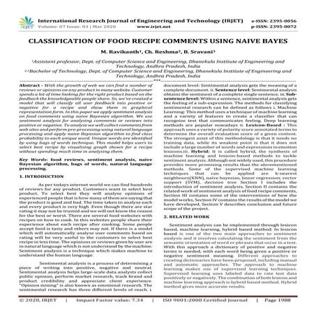 IRJET-  	  Classification of Food Recipe Comments using Naive Bayes