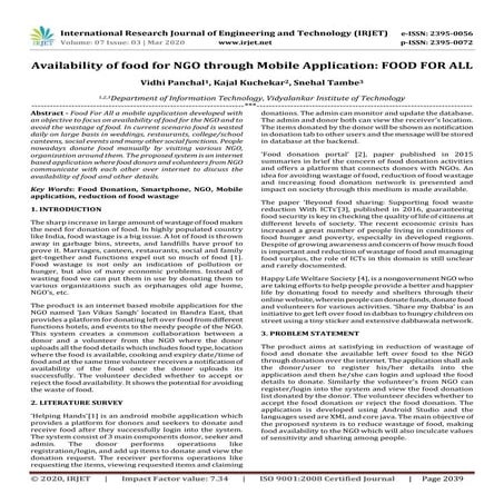 IRJET-  	  Availability of Food for NGO through Mobile Application: Food for All