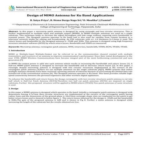 IRJET- Design of MIMO Antenna for KU Band Applications 