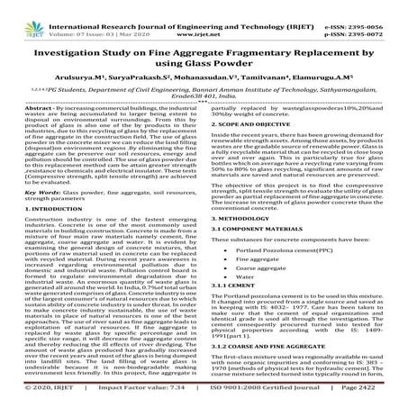 IRJET -  	  Investigation Study on Fine Aggregate Fragmentary Replacement by ...