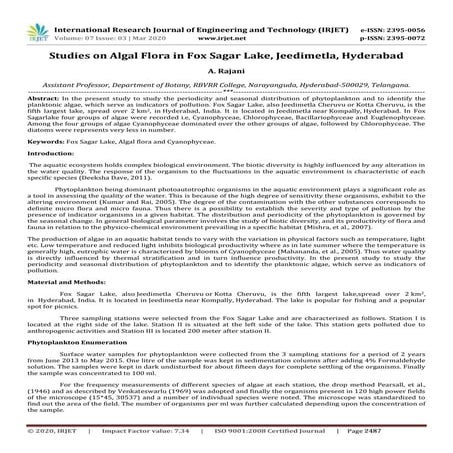 IRJET -  	  Studies on Algal Flora in Fox Sagar Lake, Jeedimetla, Hyderabad