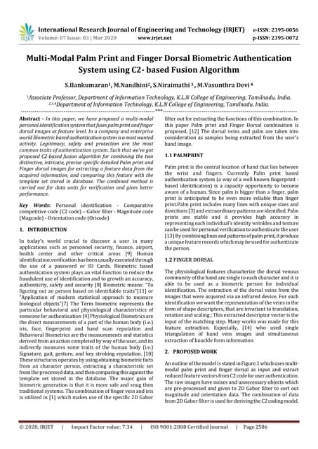 IRJET - Multi-Modal Palm Print and Finger Dorsal Biometric Authentication Sys...