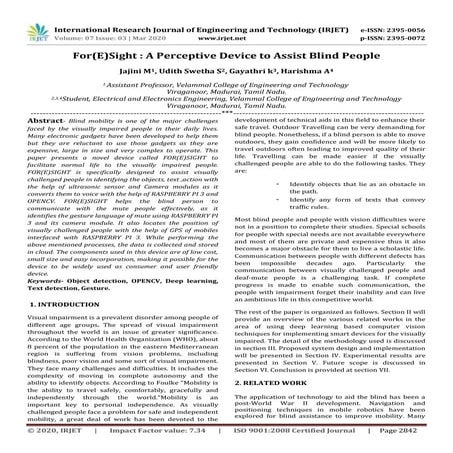 IRJET -  	  For(E)Sight :A Perceptive Device to Assist Blind People