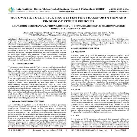 IRJET -  	  Automatic Toll E-Tickting System for Transportation and Finding o...