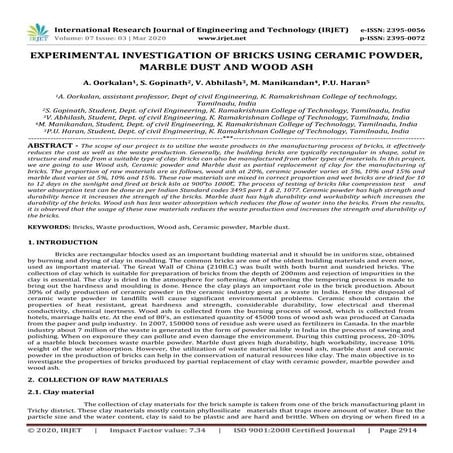 IRJET - Experimental Investigation of Bricks using Ceramic Powder, Marble Dus...