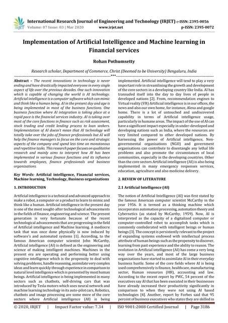 IRJET - Implementation of Artificial Intelligence and Machine Learning in Fin...