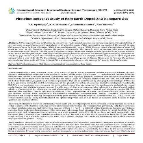 IRJET - Photoluminescence Study of Rare Earth Doped ZnO Nanoparticles