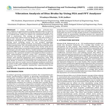 IRJET -  	  Vibration Analysis of Disc Brake by using FEA and FFT Analyzer