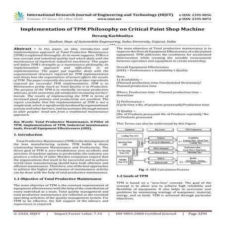 IRJET - Implementation of TPM Philosophy on Critical Paint Shop Machine