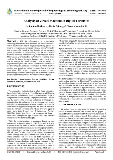 IRJET -  	  Analysis of Virtual Machine in Digital Forensics