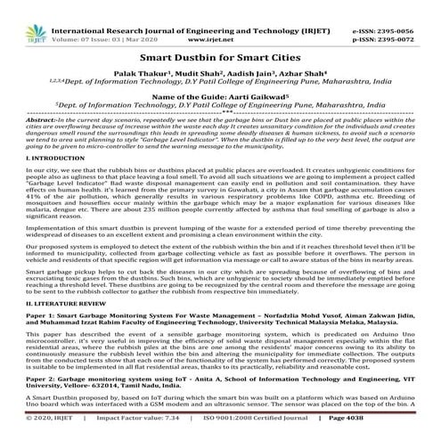 IRJET -  	  Smart Dustbin for Smart Cities