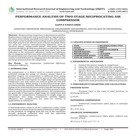 IRJET - Performance Analysis of Two Stage Reciprocating Air Compressor
