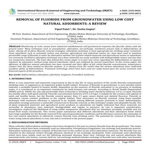 IRJET - Removal of Fluoride from Groundwater using Low Cost Natural Adsorbent...