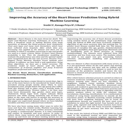 IRJET -Improving the Accuracy of the Heart Disease Prediction using Hybrid Ma...