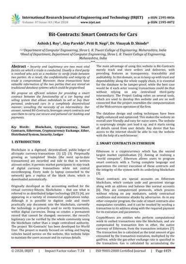 IRJET - Bit-Contracts: Smart Contracts for Cars