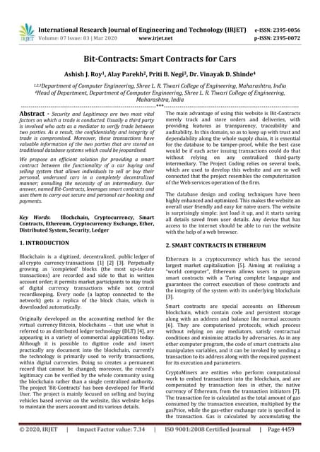 IRJET - Bit-Contracts: Smart Contracts for Cars