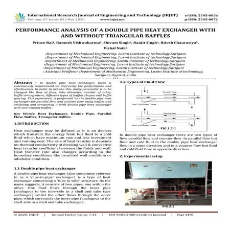 IRJET -  	  Performance Analysis of a Double Pipe Heat Exchanger with and wit...