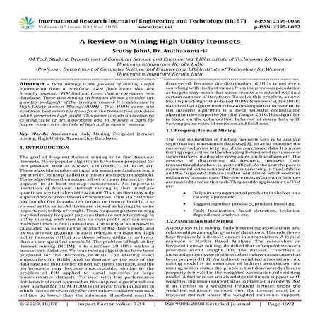 IRJET - A Review on Mining High Utility Itemsets