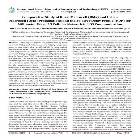 IRJET -  	  Comparative Study of Rural Macrocell (RMA) and Urban Macrocell (U...