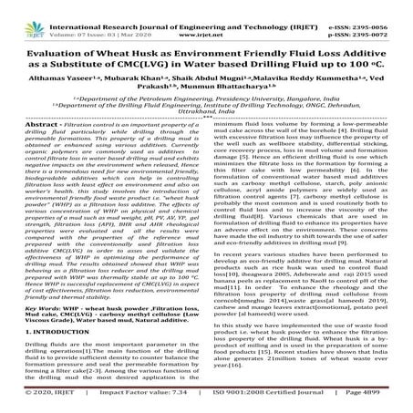 IRJET -  	  Evaluation of Wheat Husk as Environment Friendly Fluid Loss Addit...