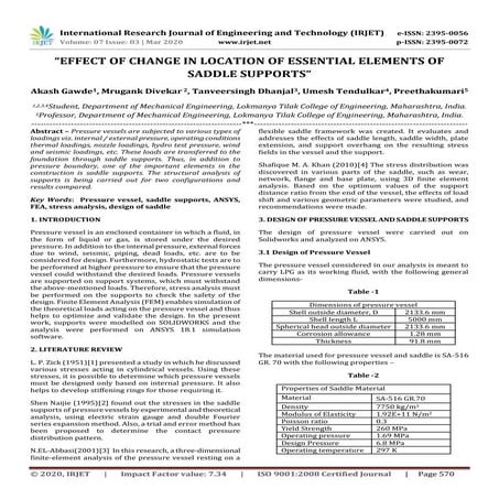 IRJET - Effect of Change in Location of Essential Elements of Saddle Supports