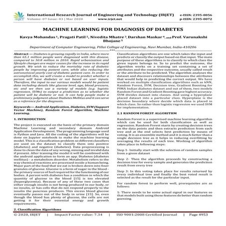 IRJET - Machine Learning for Diagnosis of Diabetes